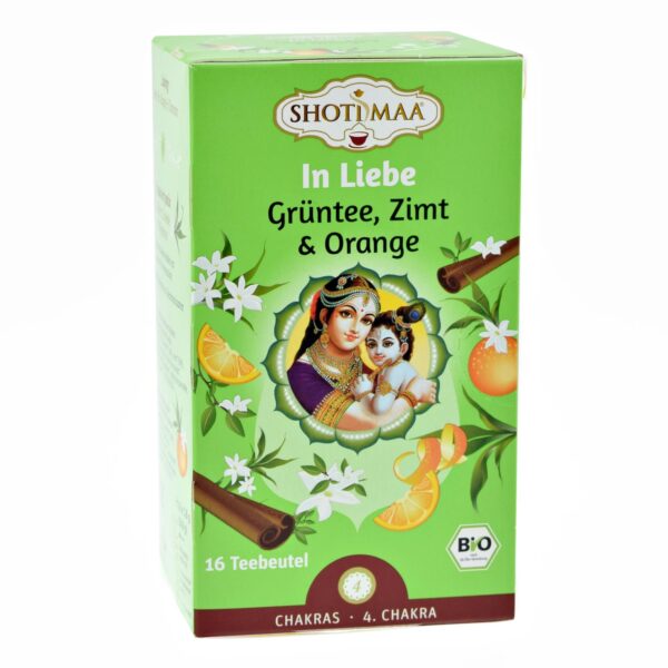 Shoti Maa Tea In Love Ayurvédikus BIO Zöld tea fahéjjal, bergamottal és naranccsal 16 x 2 g