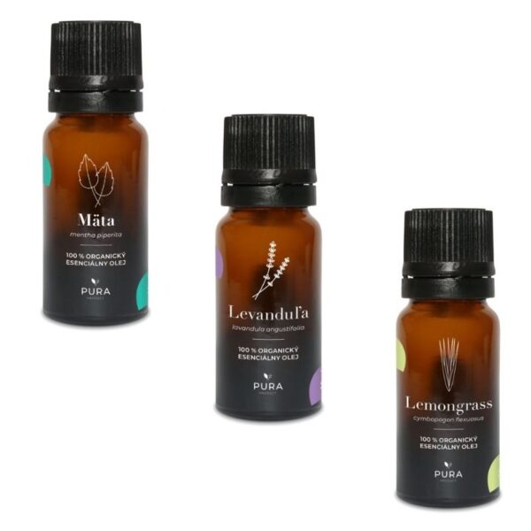 PURA product PURA 100%-ban tiszta organikus illóolaj csomag citromfű, menta, levendula 3 x 10 ml