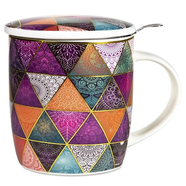 Flexity porcelán bögre Patchwork, szűrővel és fedővel a tea infúzióhoz 380 ml