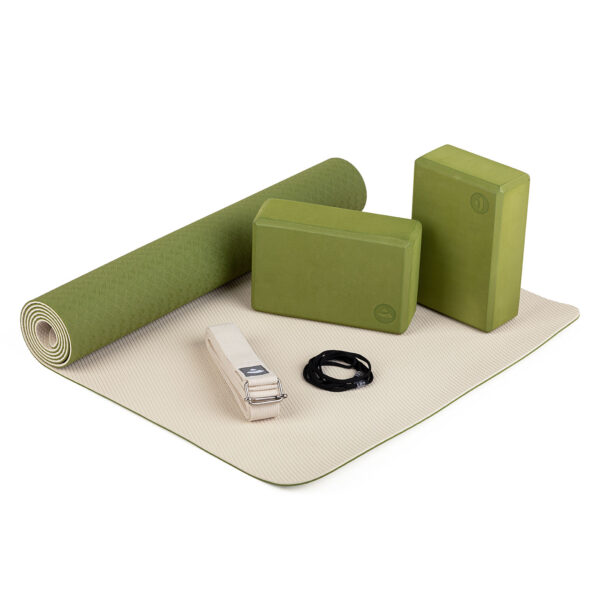 Bodhi Yoga Bodhi jógakészlet kezdőknek zöld - szőnyeg 183 cm x 60 cm x 5 mm, edzőpánt, 2 blokk