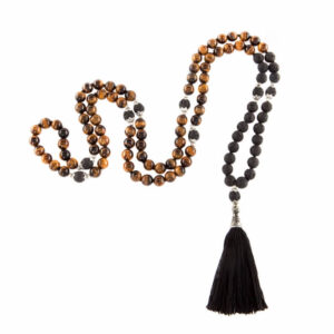 Bodhi Yoga Bodhi Mala tigrisszem és lávakő nyaklánc, fekete bojttal, 108 gyöngy