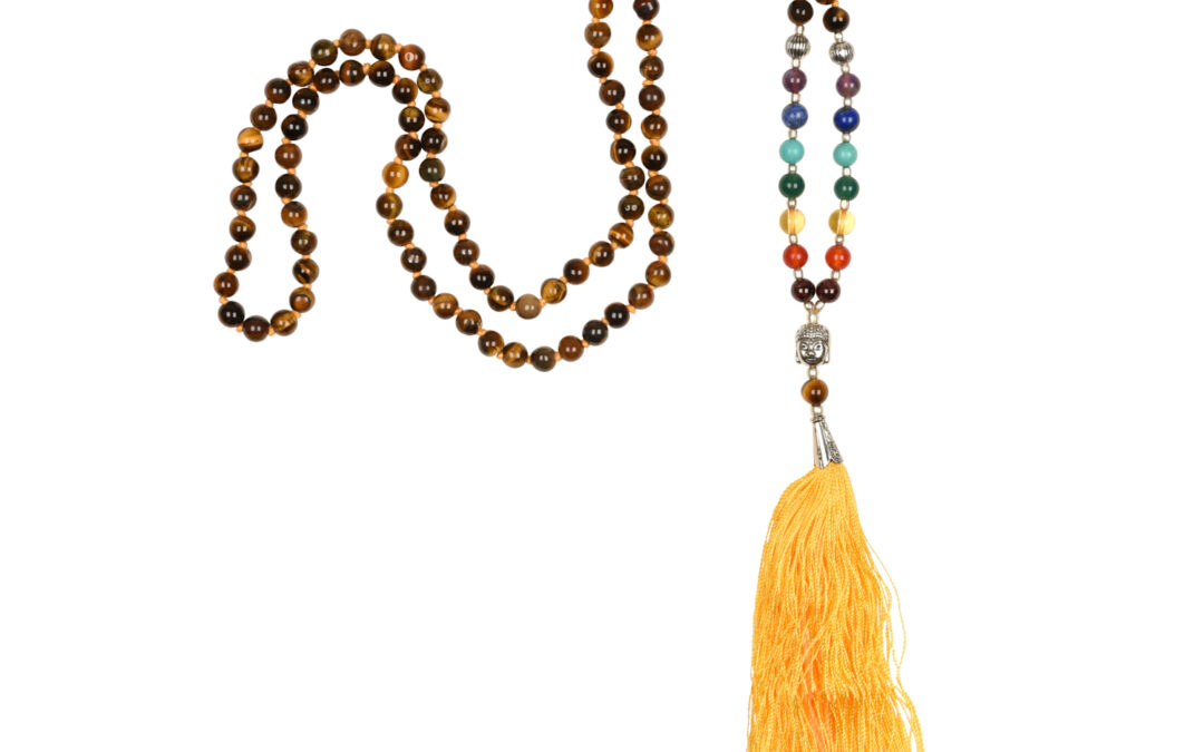 Bodhi Yoga Bodhi Mala Chakra tigrisszem nyaklánc sárga bojttal, 108 gyöngy