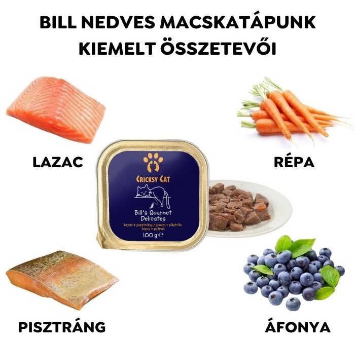 Bill nedves macskaeledel lazaccal, pisztránggal és áfonyával – 100 g – 16-os pack