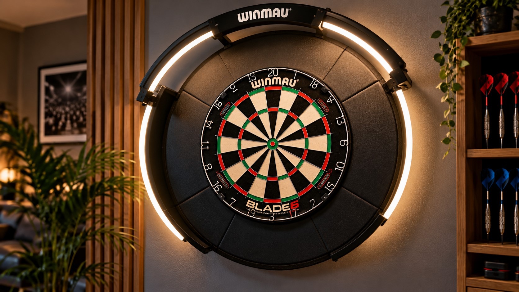 Darts tábla kör alakú LED-világítással és falvédővel