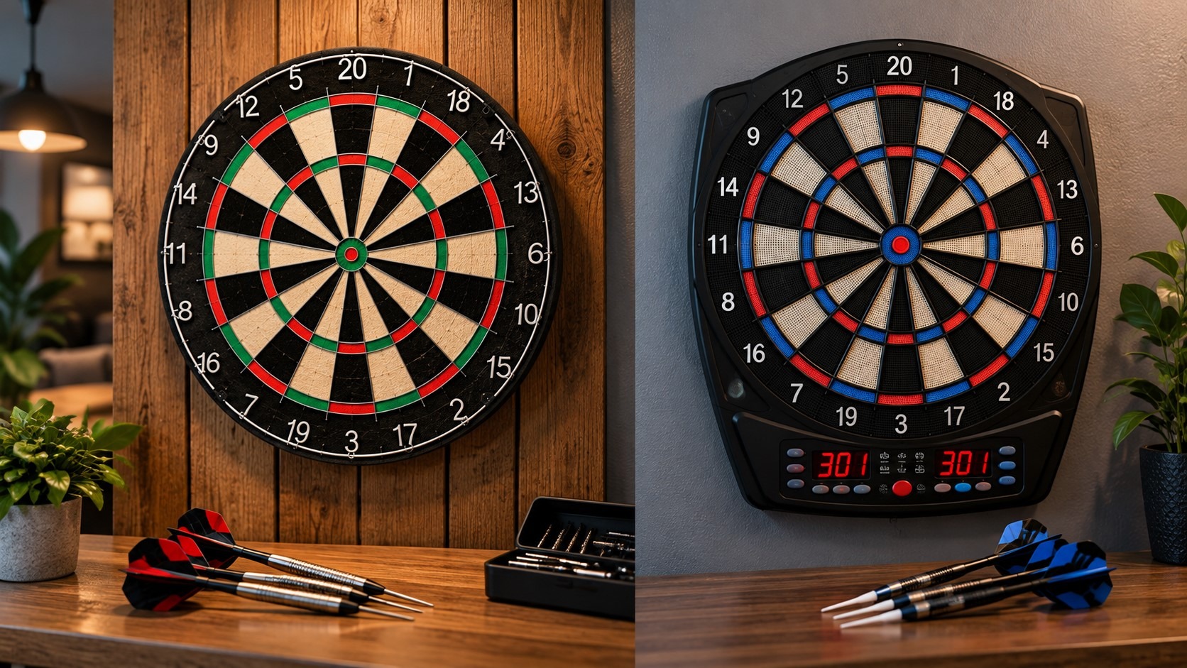 Hagyományos szizál darts tábla és elektronikus darts tábla egymás mellett
