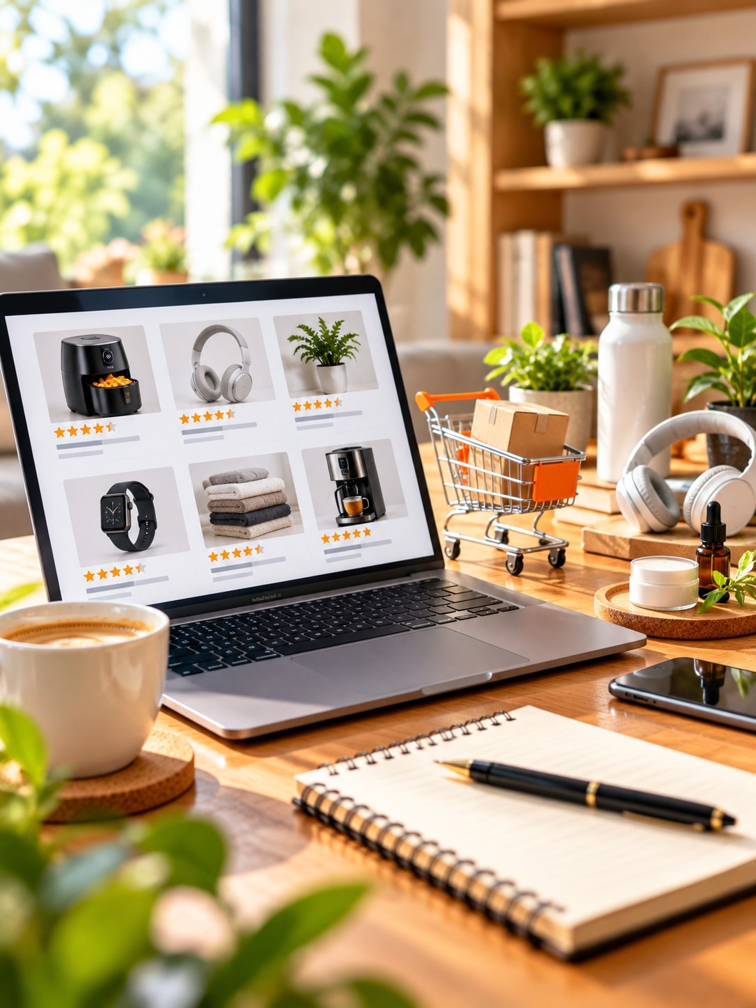 Laptopon megjelenő termékajánlók háztartási eszközökkel, fejhallgatóval és más termékekkel, értékelésekkel és bevásárlókocsival.
